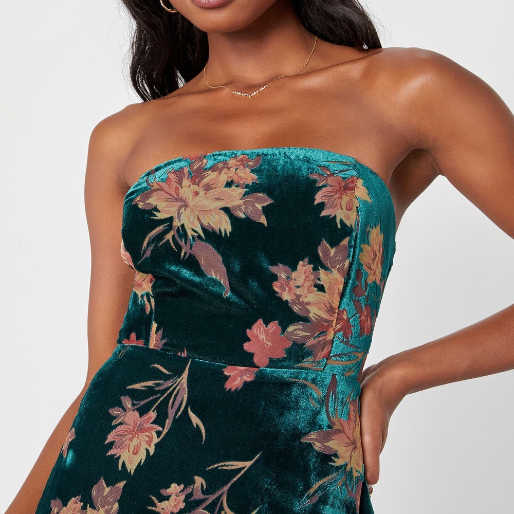 Lulu's Teal Floral Velvet Strapless Maxi Dress - Picture 3 of 16
